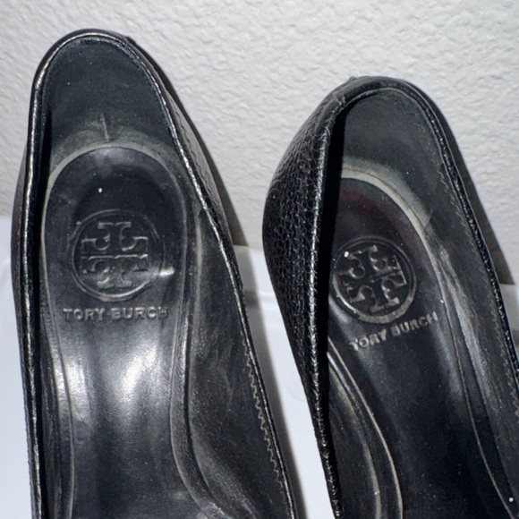 Tory Burch Black Leather Peep-Toe Heels - Picture 4 of 9